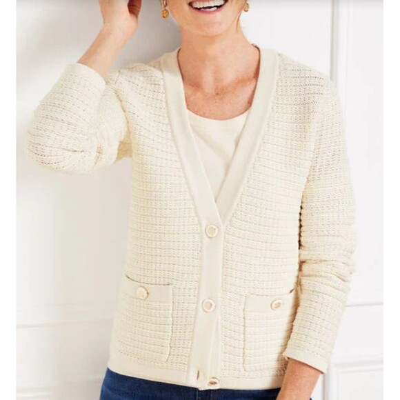 Talbots Kate Cardigan Sweater Womens XLP Ivory Gold Buttons Pockets Old Money - Picture 1 of 7